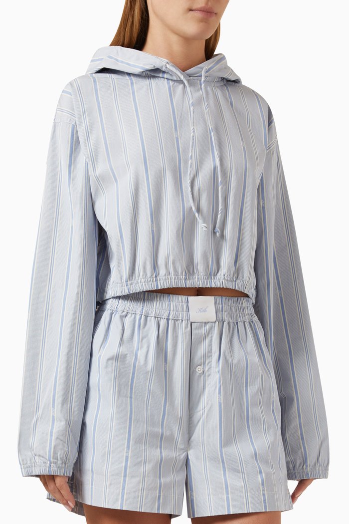 Clovis Logo Striped Crop Hoodie in Cotton, Blue