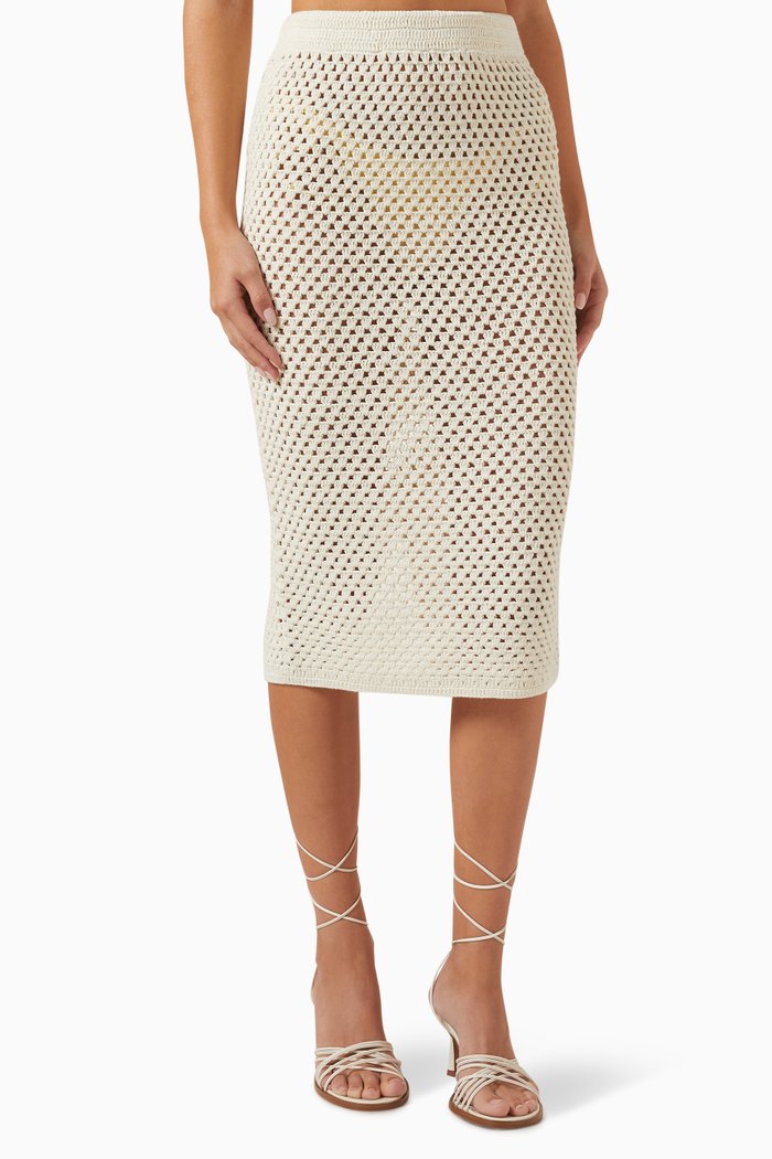 

Rhea Crochet Midi Skirt in Organic Cotton-knit, Neutral