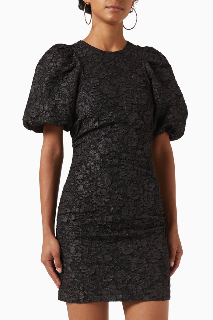 

Puff-sleeve Mini Dress in Stretch-jacquard, Black