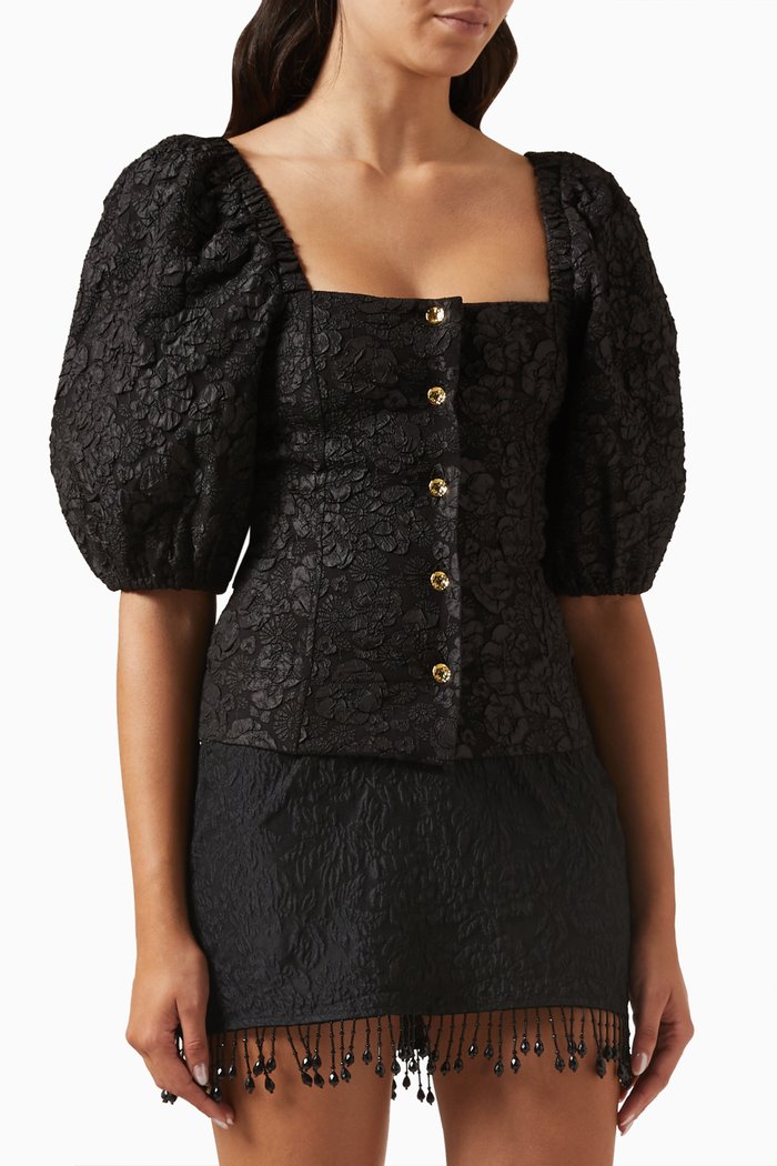

Puff-sleeve Fitted Top in Stretch-jacquard, Black