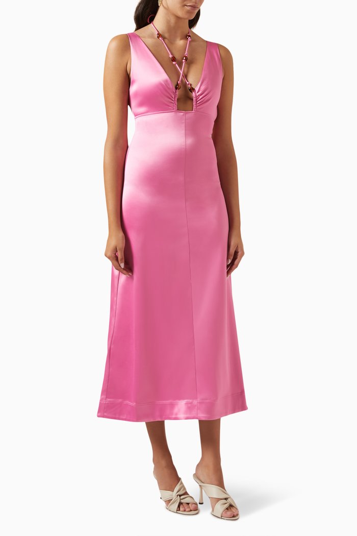 

Beaded Halterneck Midi Dress in Double-satin, Pink
