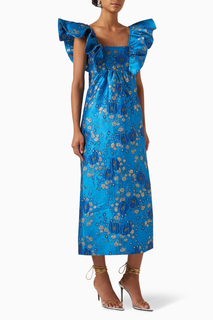 

3D Ruffled Midi Dress in Jacquard, Blue