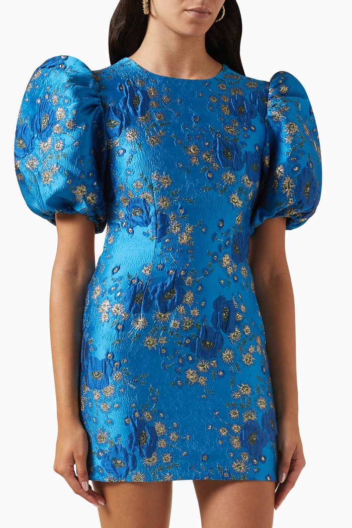 

3D Open-back Mini Dress in Jacquard, Blue