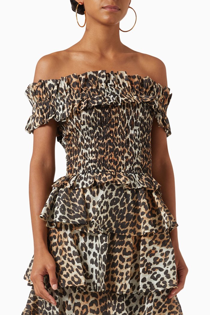 

Off-shoulder Smocked Crop Top in Sheer Voile, Brown
