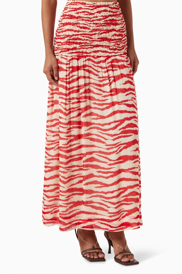 

Printed Smock Maxi Skirt in Georgette, Red