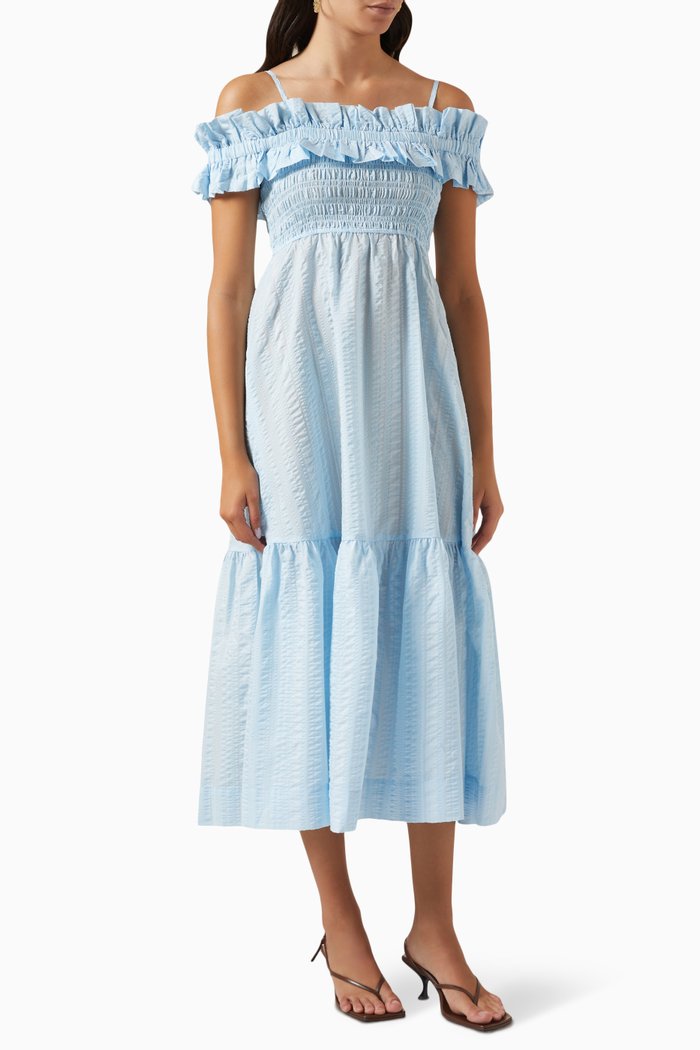 

Smocked Midi Dress in Seersucker, Blue