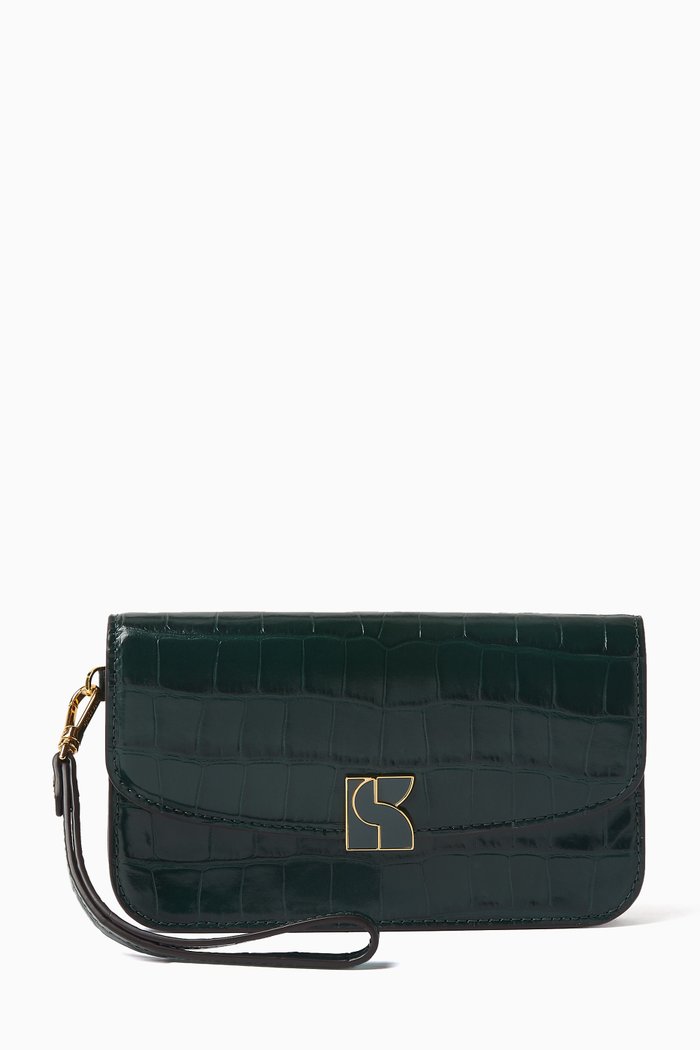

Dakota Flap Wristlet in Croc-embossed Leather, Green