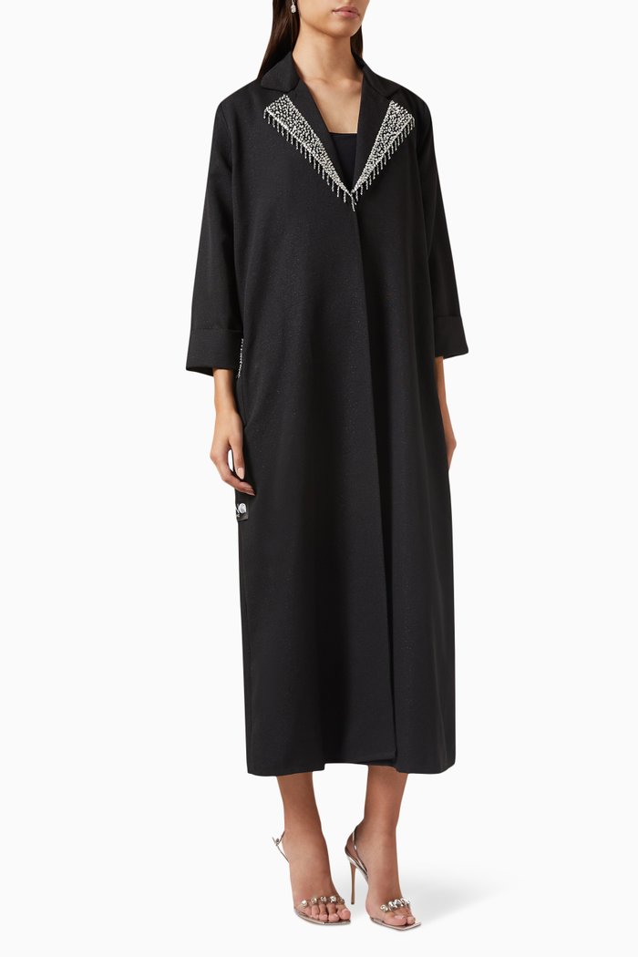 

Embellished Coat Abaya in Crepe, Black
