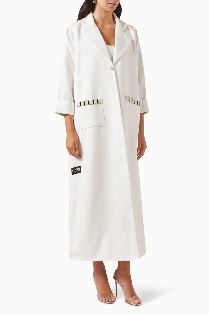 

Embellished Coat Abaya in Crepe, White