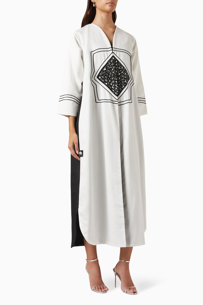 Contrast Embellished Abaya in Shiny Crepe, Black