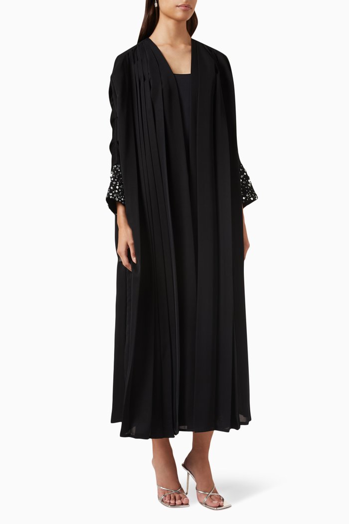 

Pleated Sequin-embellished Abaya, Black