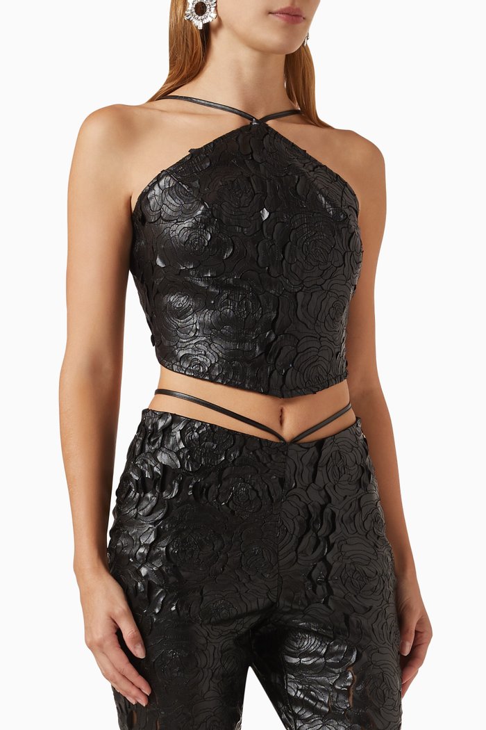 

Joy Halterneck Crop Top in Floral-embossed Fabric, Black