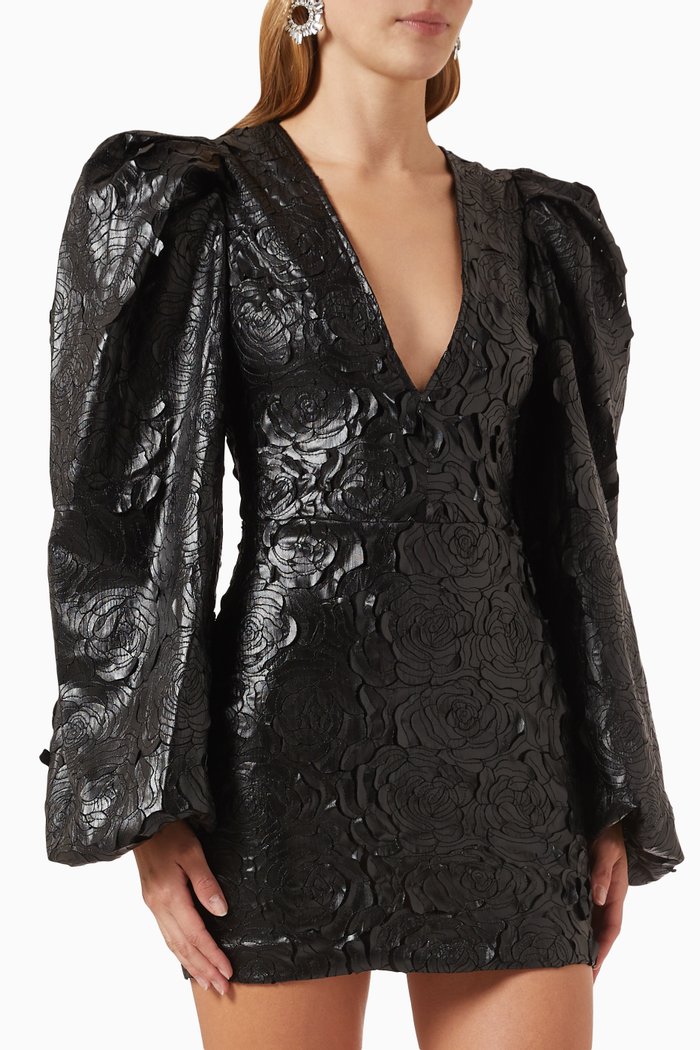 

Valenia Puff-sleeve Mini Dress in Floral-embossed Coated Fabric, Black