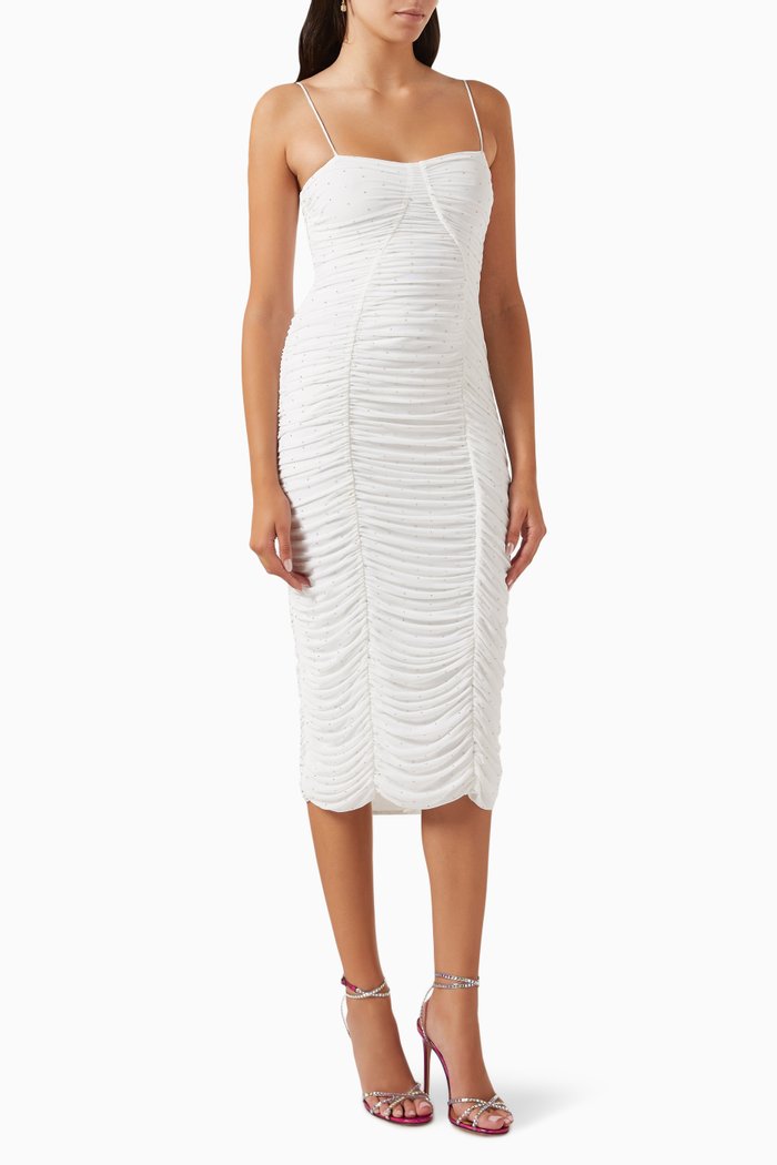 Annika Ruched Midi Dress in Mesh, White