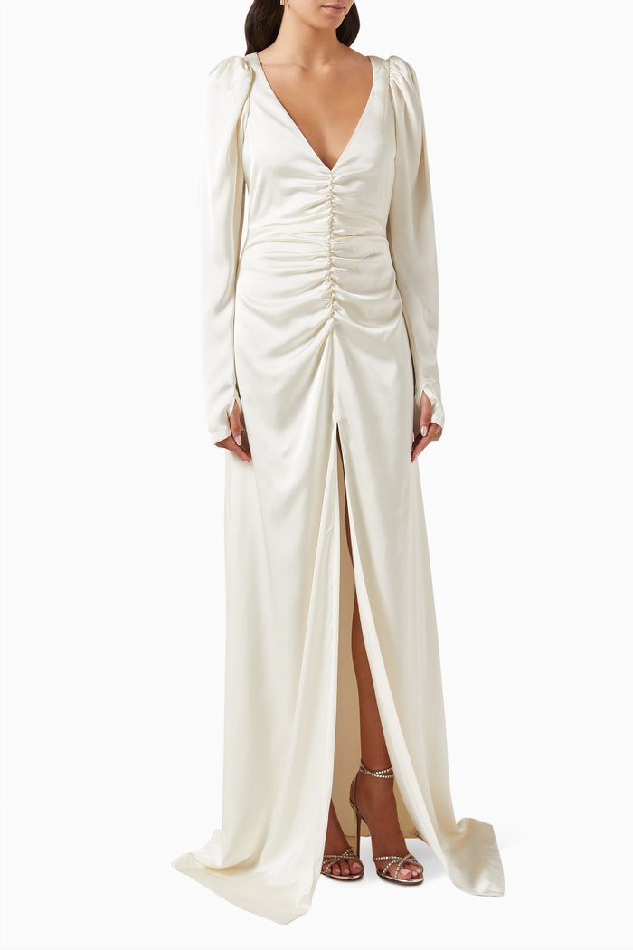 

Gryana Ruched Maxi Dress in Sateen, Neutral