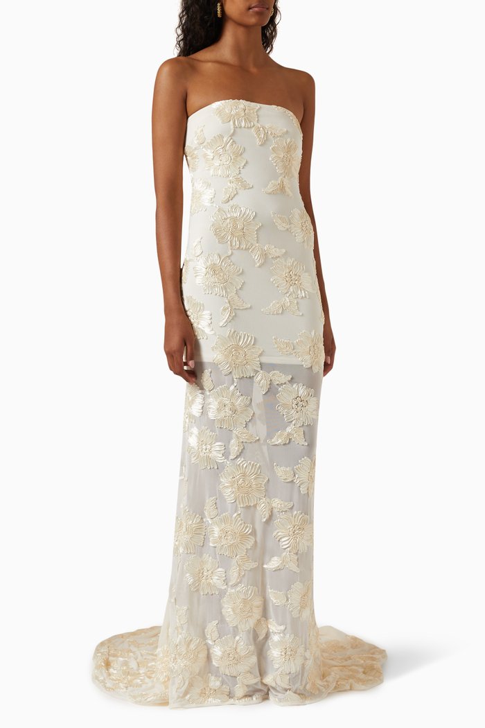 

Alberty 3D Floral-embroidered Maxi Dress in Mesh, Neutral