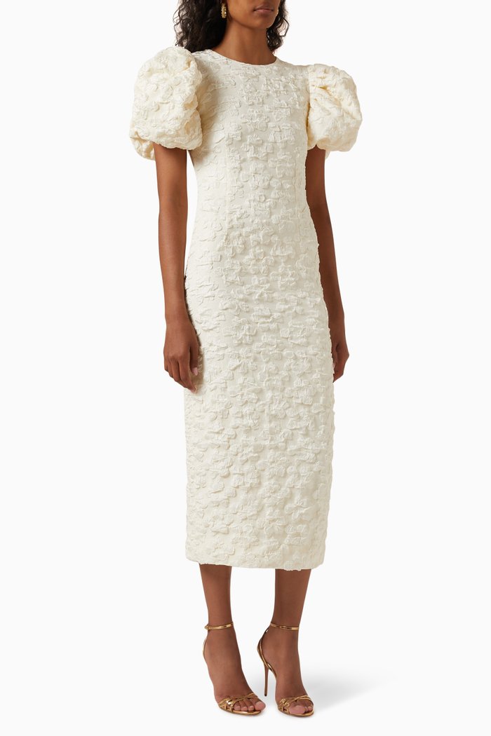 

Ruby Puffy Midi Dress in Jacquard, Neutral