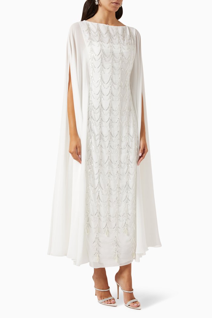 

Alma Beaded Cape Maxi Dress in Chiffon, Neutral
