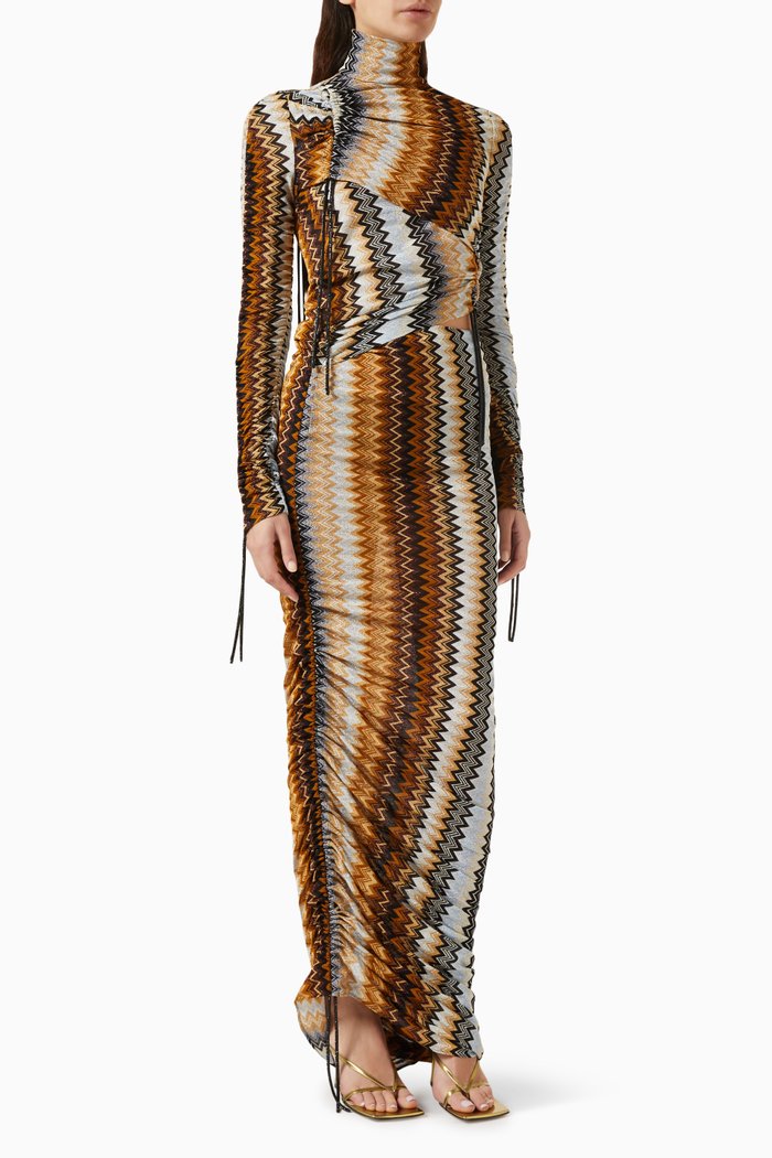 

Zig Zag Long Dress in Viscose Chevron, Brown