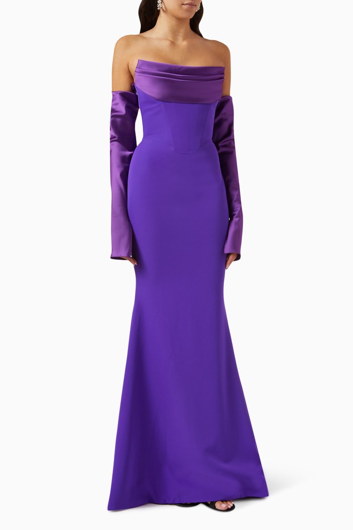 Corset Maxi Dress in Crepe & Satin, Purple
