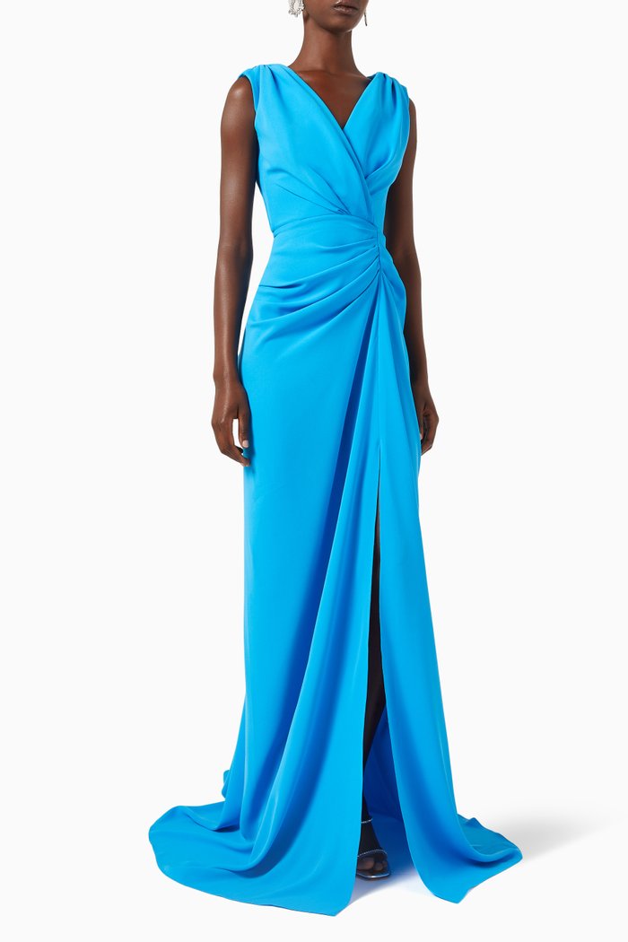 

Saara Draped Maxi Dress in Crepe, Blue