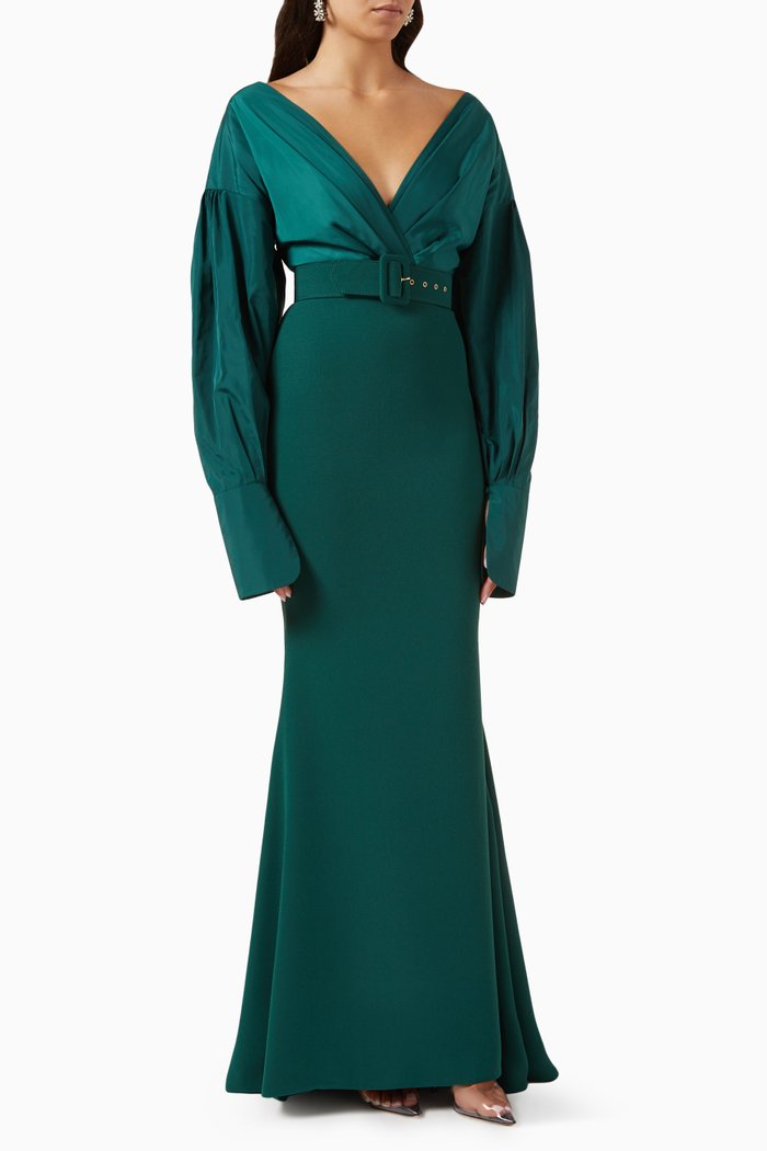 

V-neck Maxi Dress in Taffeta & Crepe, Green