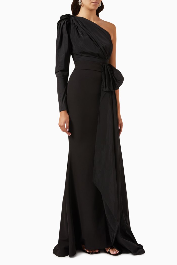 

One-shoulder Maxi Dress in Taffeta & Crepe, Black