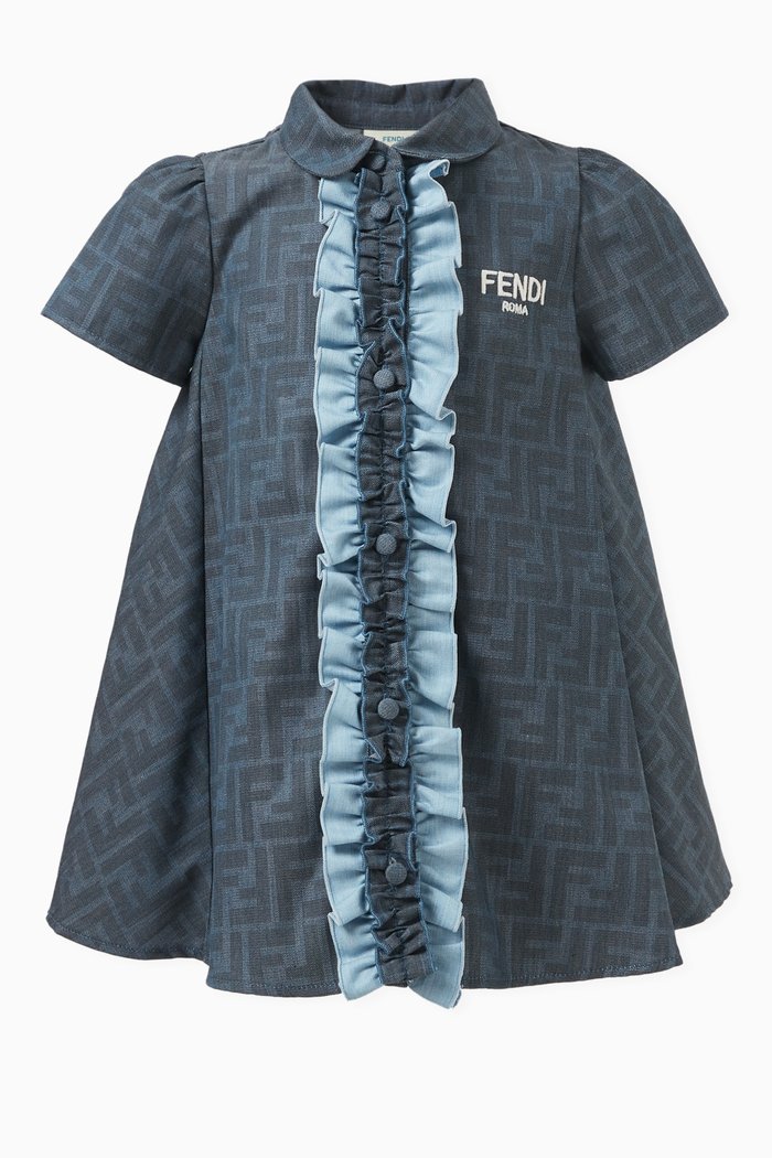

Ruffled Logo-print Dress in Cotton Chambray, Blue