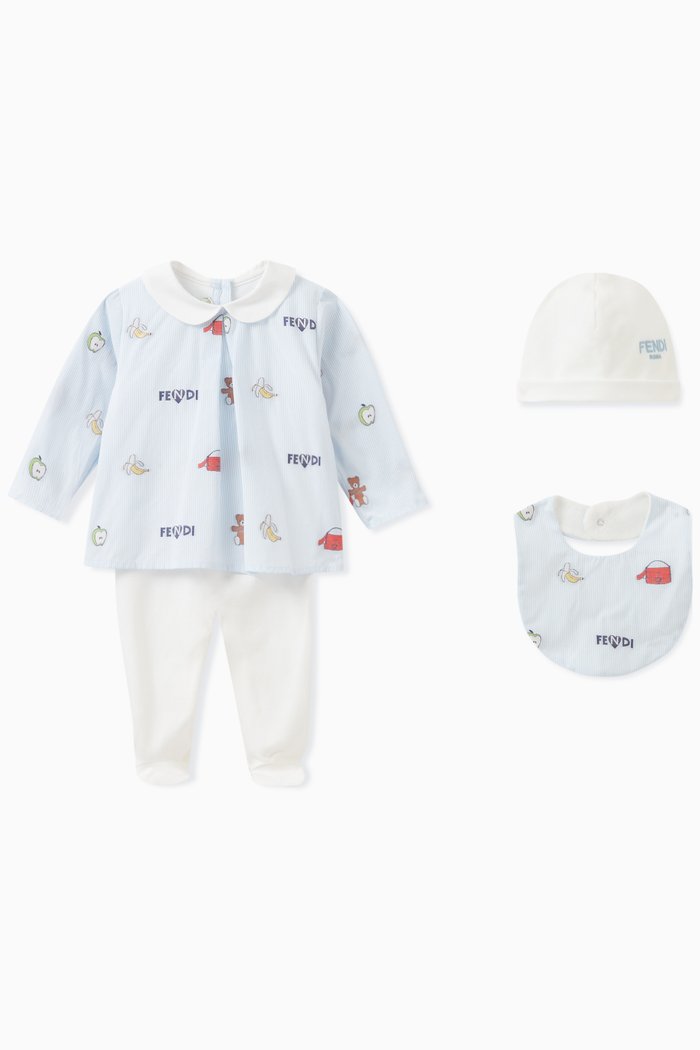 

Logo Print Sleepsuit, Bib and Hat Set in Cotton, Multicolour