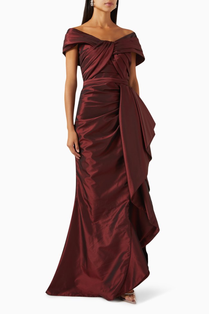 

Off Shoulder Lace Up Dress in Taffeta, Red