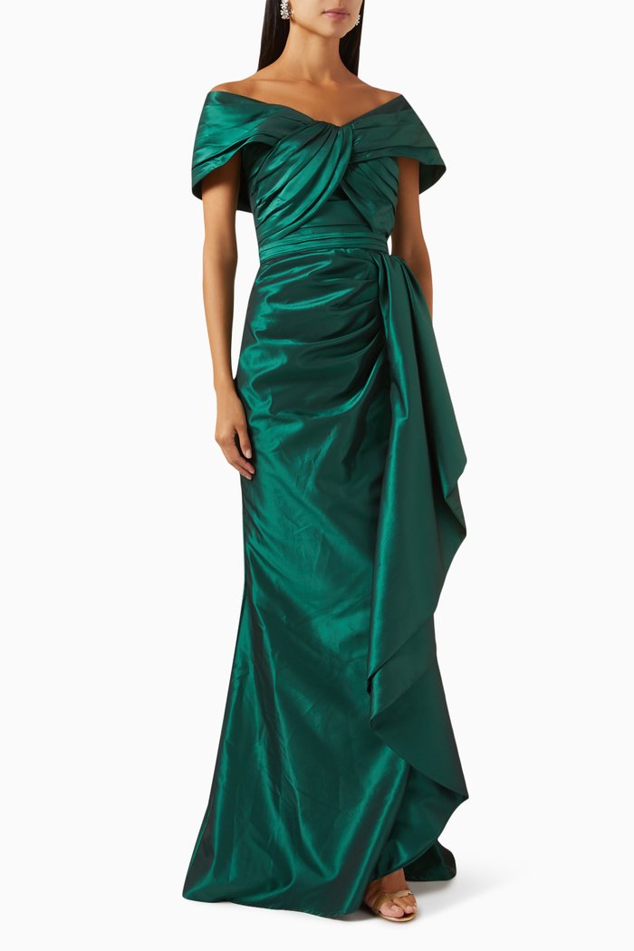

Off Shoulder Lace Up Dress in Taffeta, Green