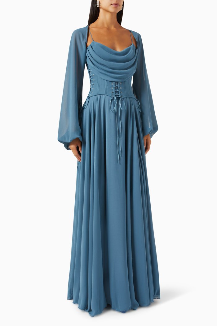 

Draped Corset Maxi Dress in Chiffon, Blue
