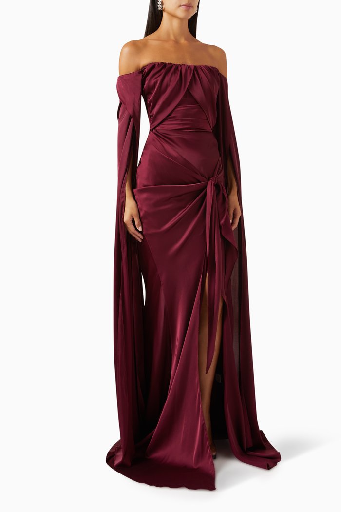 

Off Shoulder Gown in Satin, Red