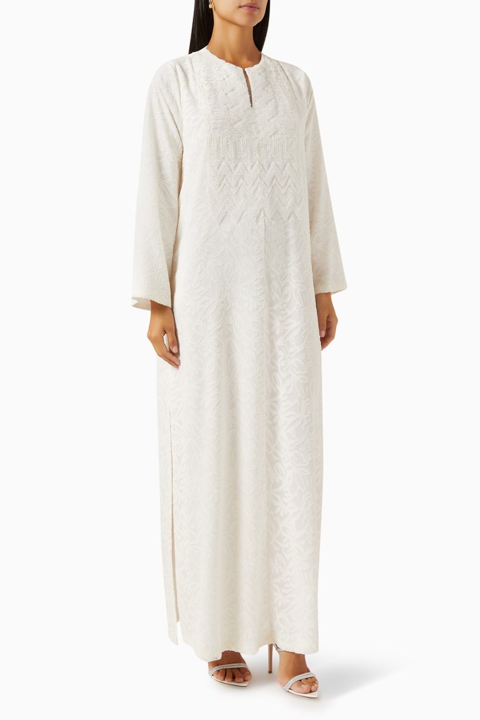 

Beaded Kaftan in Embossed Cotton, Neutral