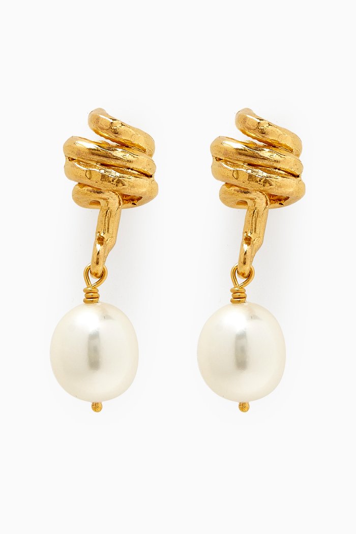 

The Celestial Raindrop Pearl Earrings in 24kt Gold-plated Bronze, White