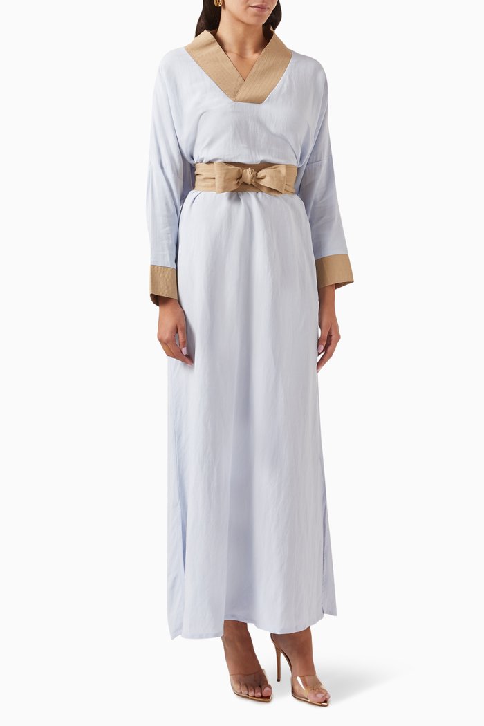 Belted Kaftan in Linen Blend, Blue