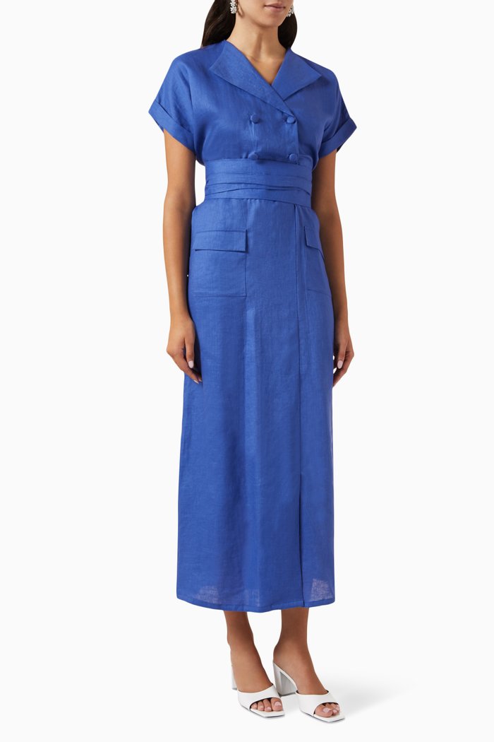 

Belted Summer Midi Dress in Linen, Blue