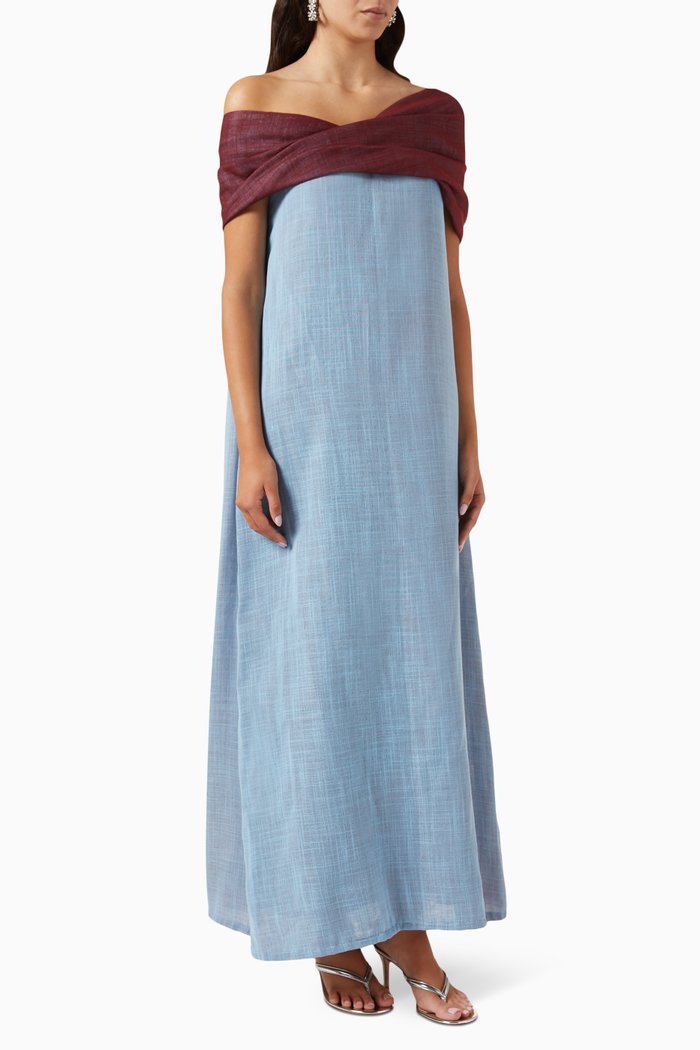

Off-shoulder Dress in Linen, Blue