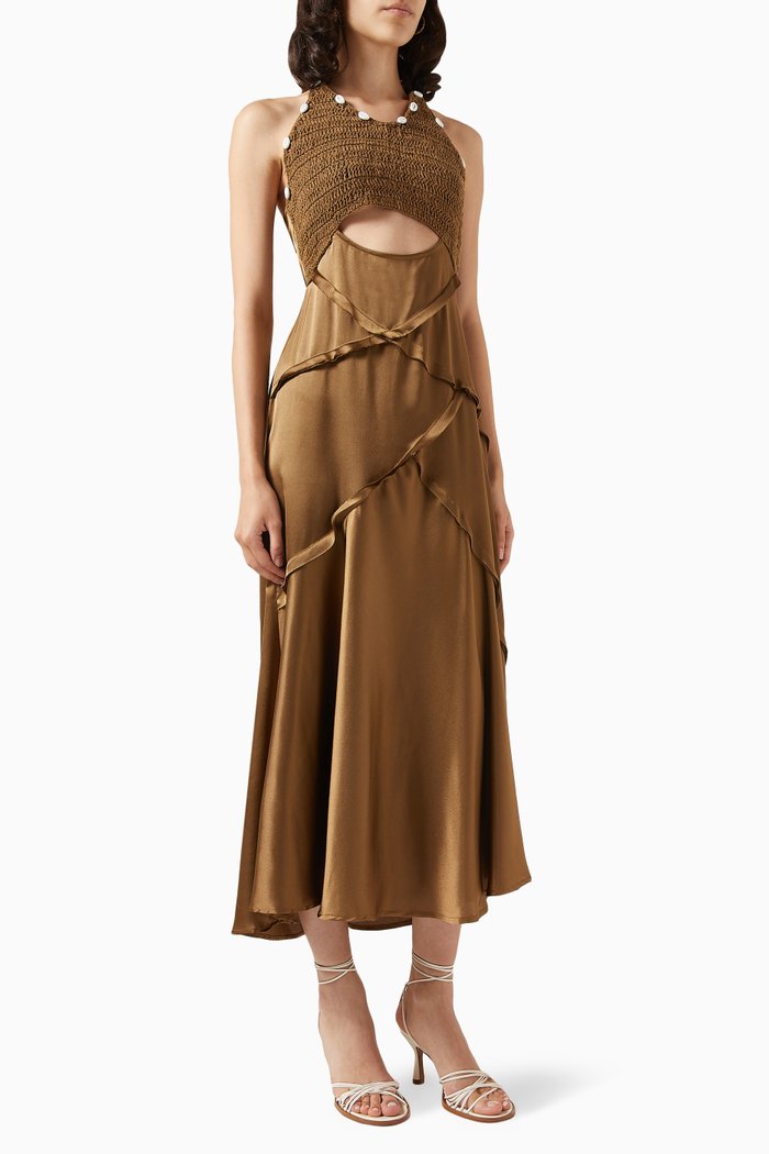 

Imani Cut-out Dress in Crochet & Satin, Brown