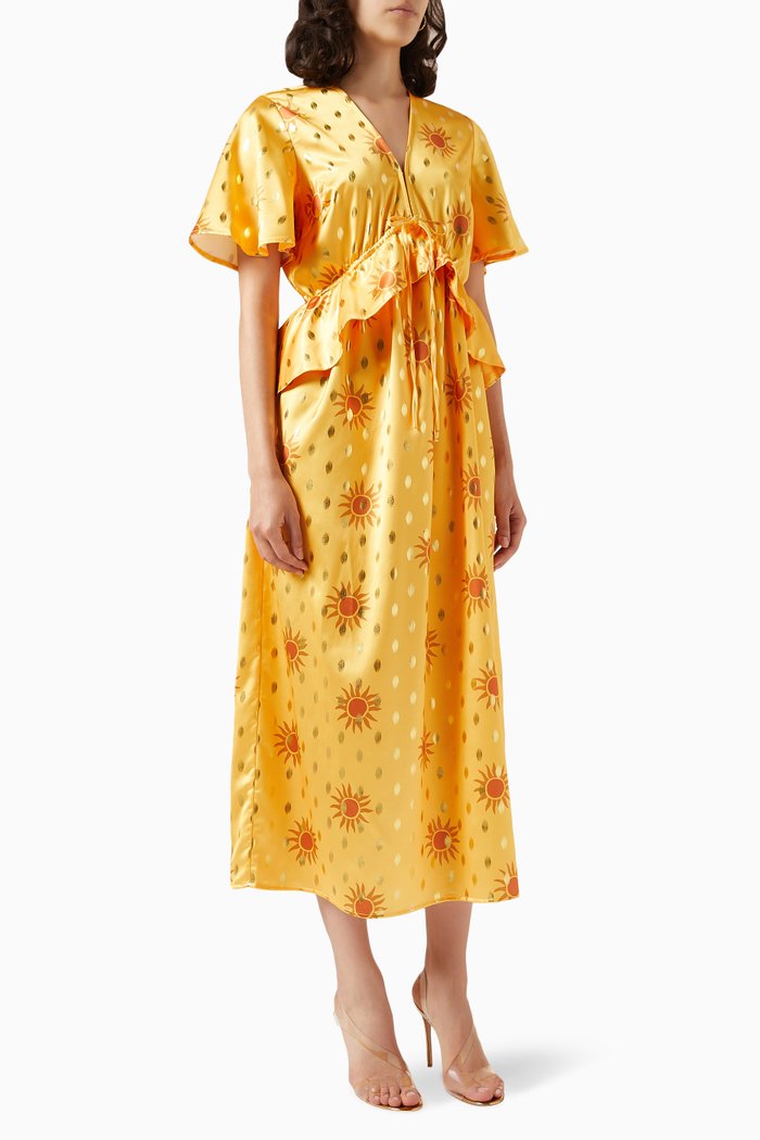 Sadie Peplum Dress in Satin, Yellow