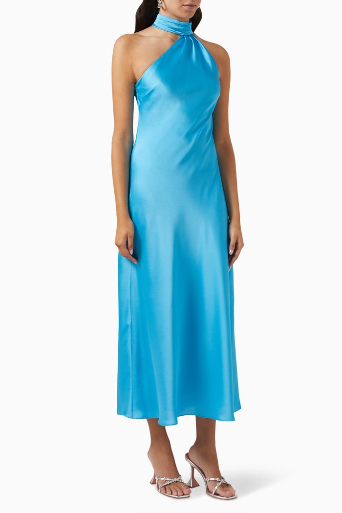 Odessa Halter Maxi Dress in Satin, Blue