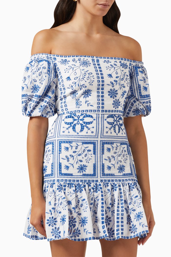 

Otilia Tile Eyelet Mini Dress in Cotton, Blue