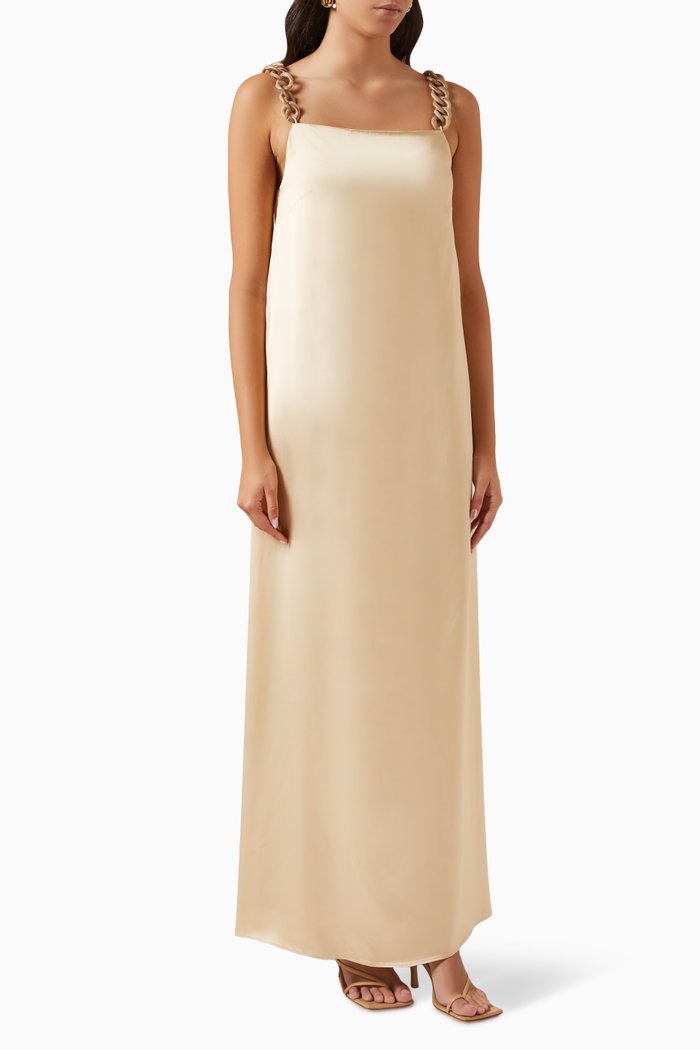 Lumerie Chain Maxi Dress in Satin, Gold