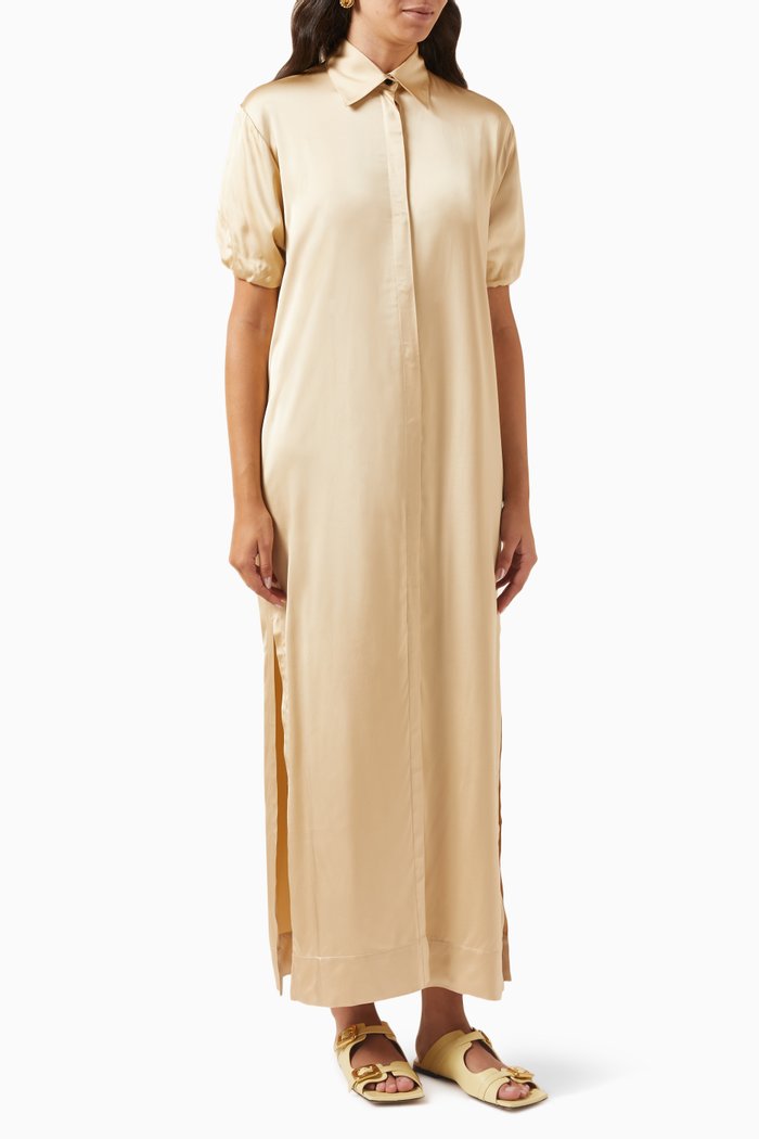 

Lumerie Shirt Maxi Dress in Satin, Gold