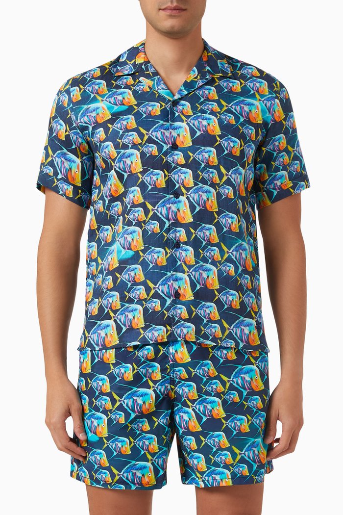 

Piranha Print Bowling Shirt in Linen, Blue