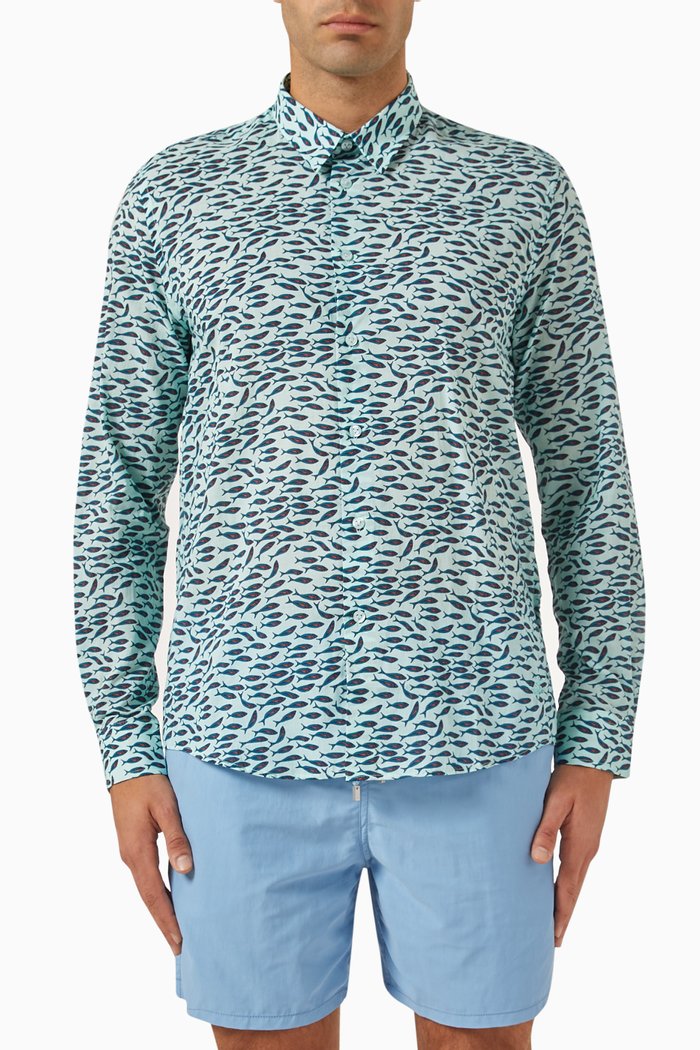 Caracal Printed Shirt in Organic Voile, Blue