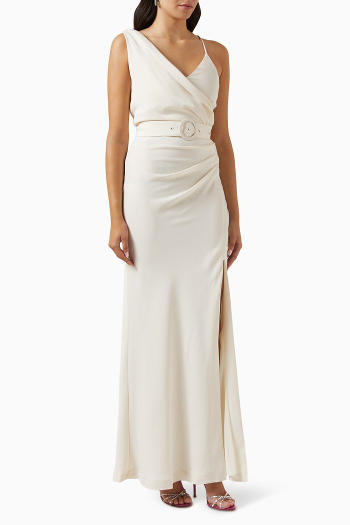 

Rosette Belted Maxi Dress in Satin, Neutral