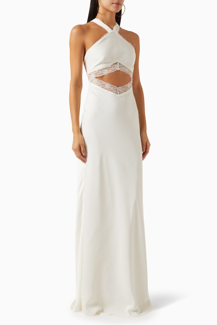 

Azalia Lace Trim Maxi Dress in Satin, Neutral