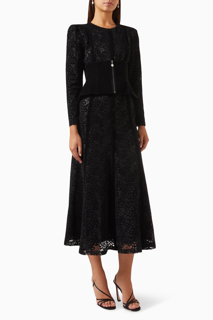 

Zip-up Corset Midi Dress in Velvet & Lace, Black