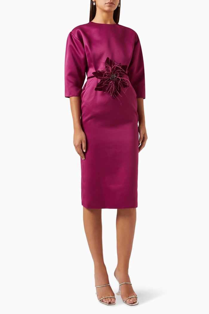 

Floral-belt Midi Dress in Satin, Pink